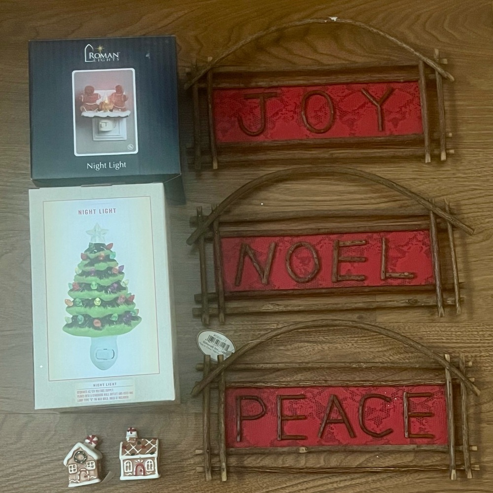 All NEW IN BOX - 2 night lights/ salt&pepper shakers/Joy Noel Peace signs